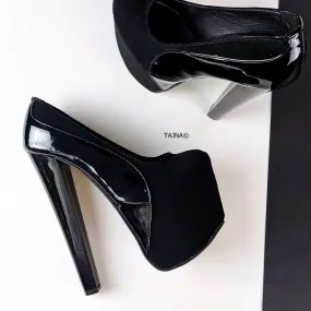 Black Suede Patent Detail Platform Heels