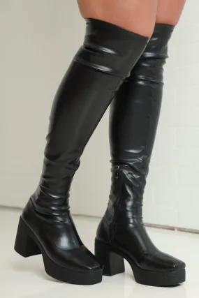 Next Gen Faux Leather Thigh High Chunky Boots - Black